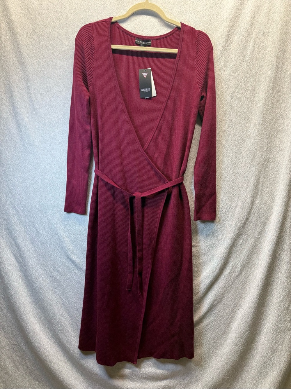 Work Siren Guess Everly Long Slve Wrap Sweater Dress Garnet Wine Midi V Neck